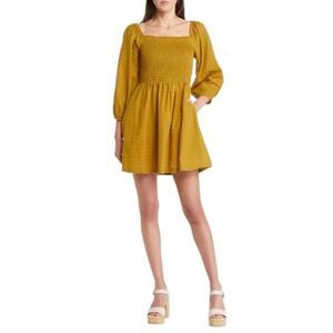 LOST + WANDER Ecru Olive 100% Cotton Smocked Bodice Minidress Medium